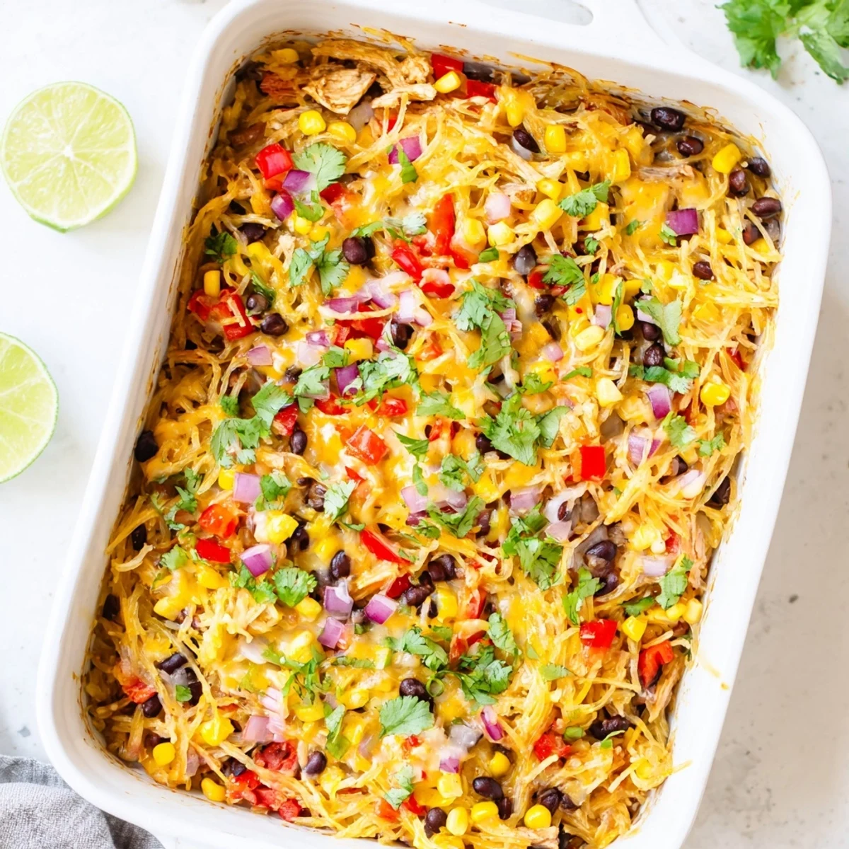 Vegetarian baked casserole with roasted squash strands black beans corn and spicy seasonings