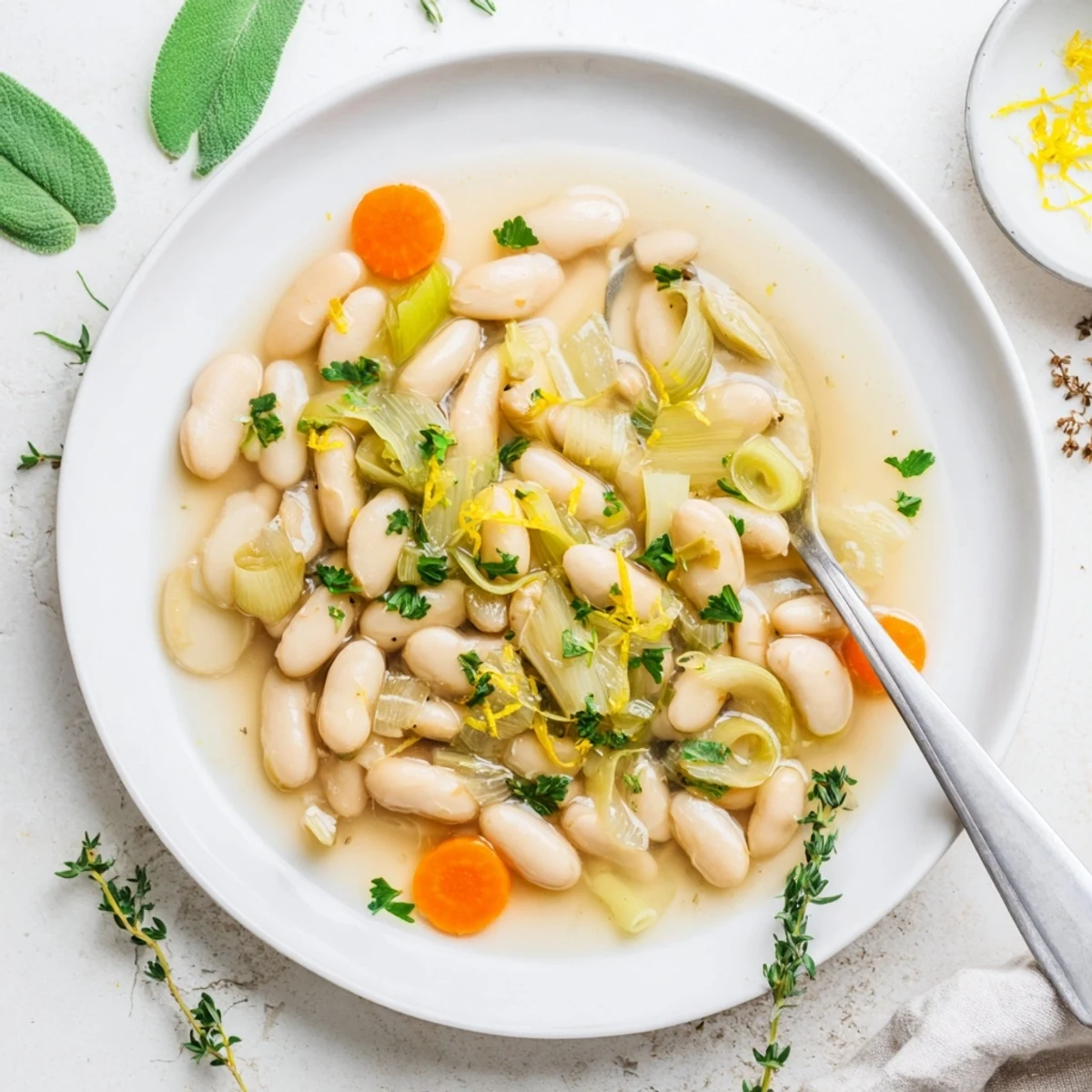 Golden butter beans with tender leeks simmered in a savory vegetable broth