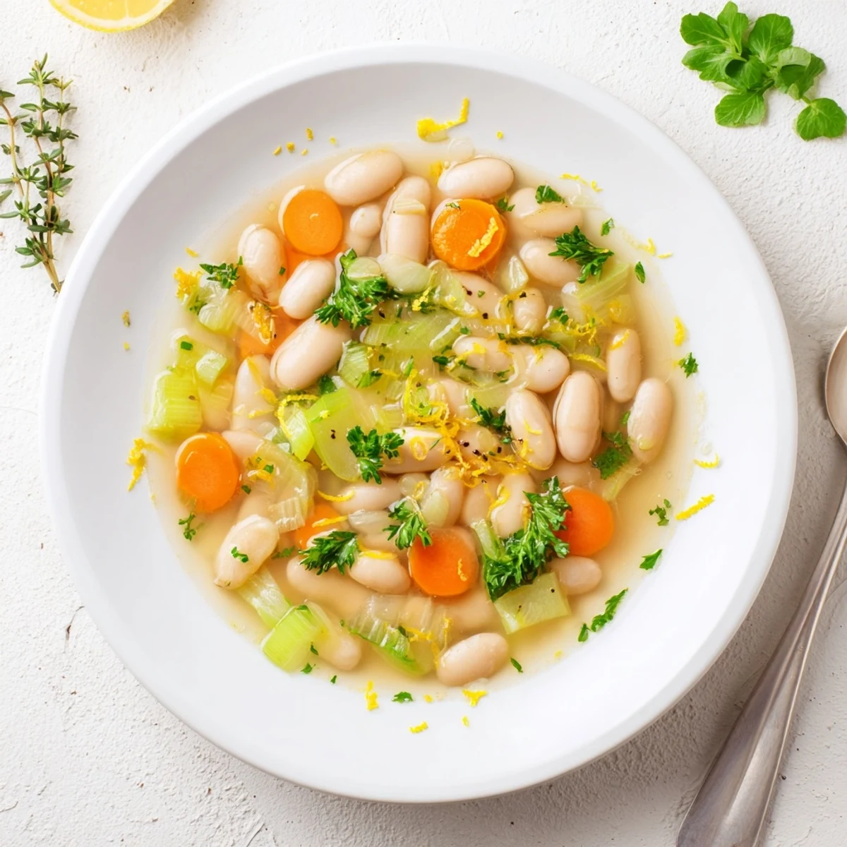 Creamy butter beans and aromatic leeks garnished with fresh parsley in a skillet