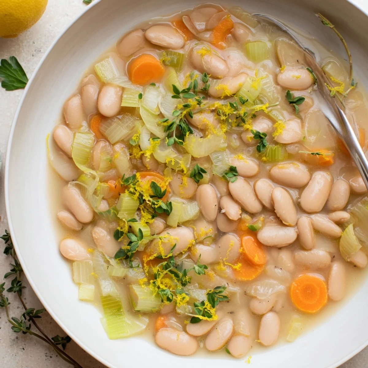 Heating butter beans with sautéed leeks and thyme for a comforting vegetarian meal