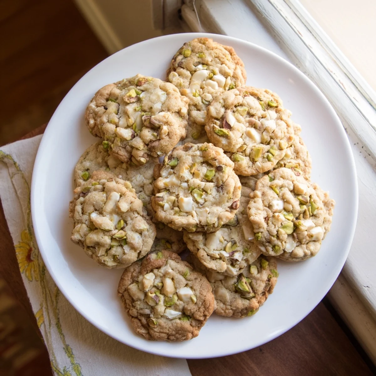 Golden white chocolate pistachio cookies cooling on a wire rack with green nut speckles