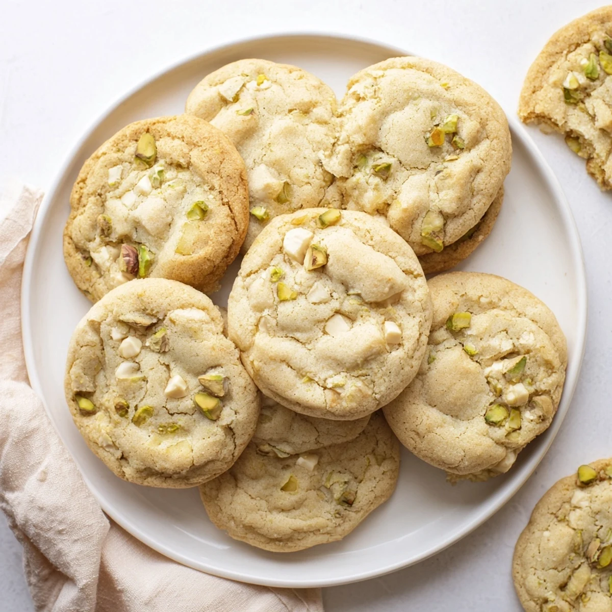 Soft-baked white chocolate pistachio cookies with melted chunks and toasted nuts visible
