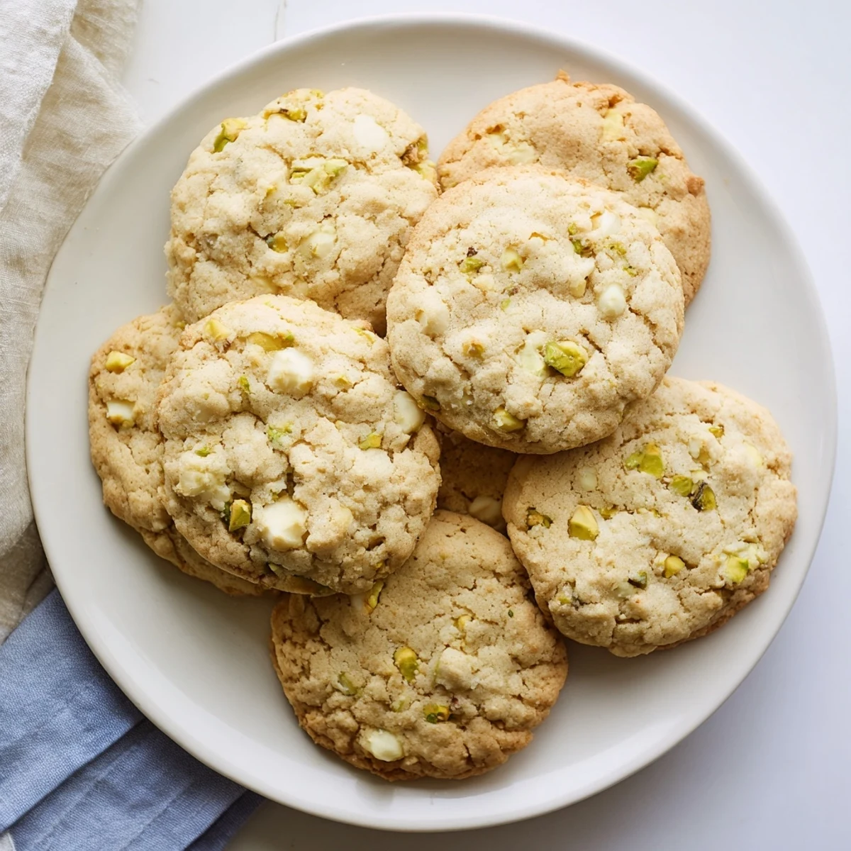 Chewy homemade white chocolate pistachio cookies stacked on a wooden cutting board