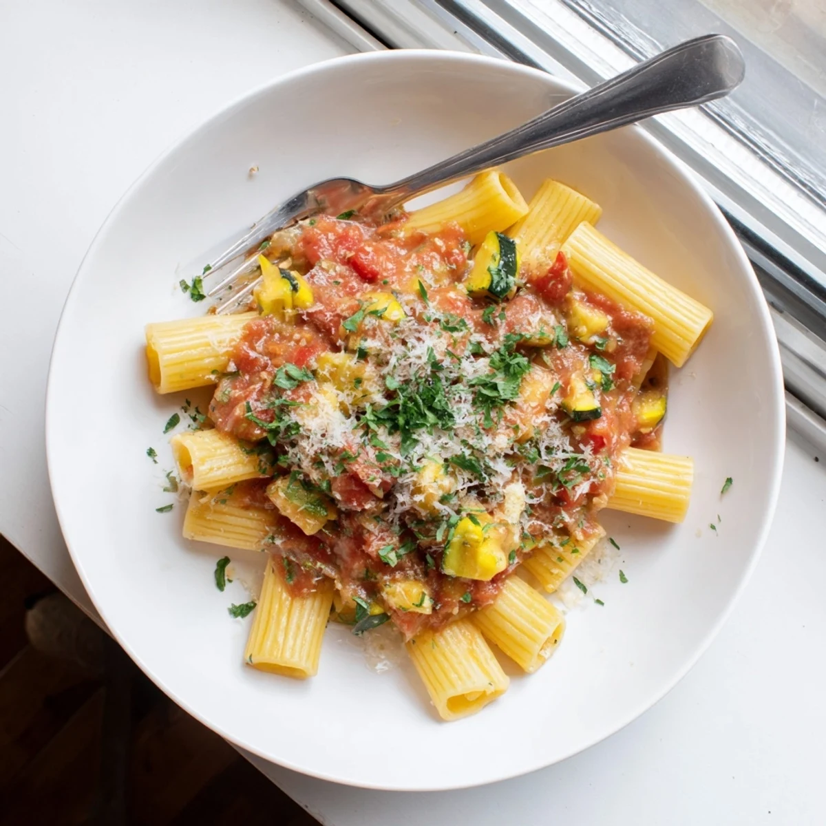 Golden Italian zucchini sauce simmering with diced tomatoes, fresh herbs, and olive oil in a skillet