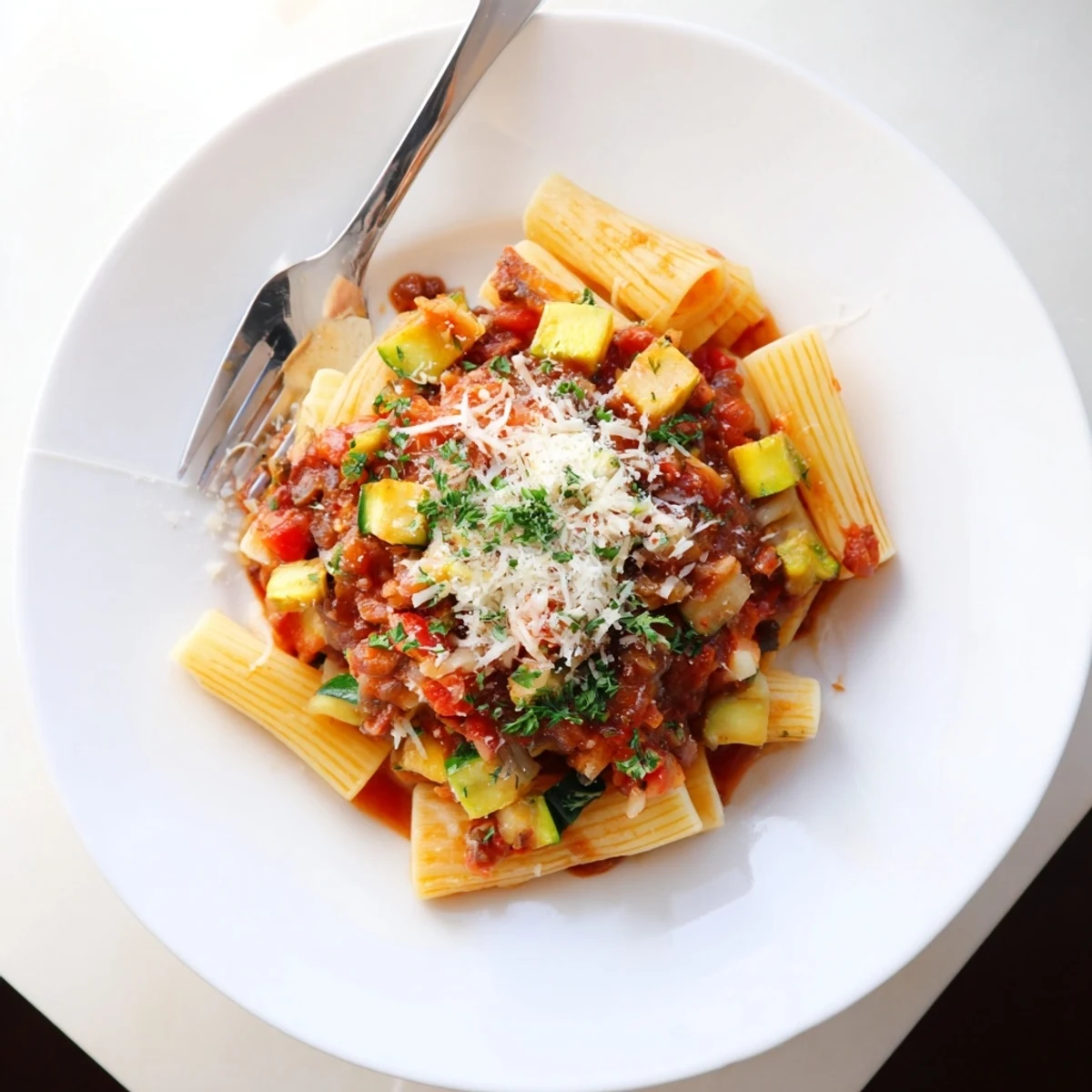 Vibrant green zucchini pieces in a rich tomato-based sauce topped with fresh parsley and grated Parmesan