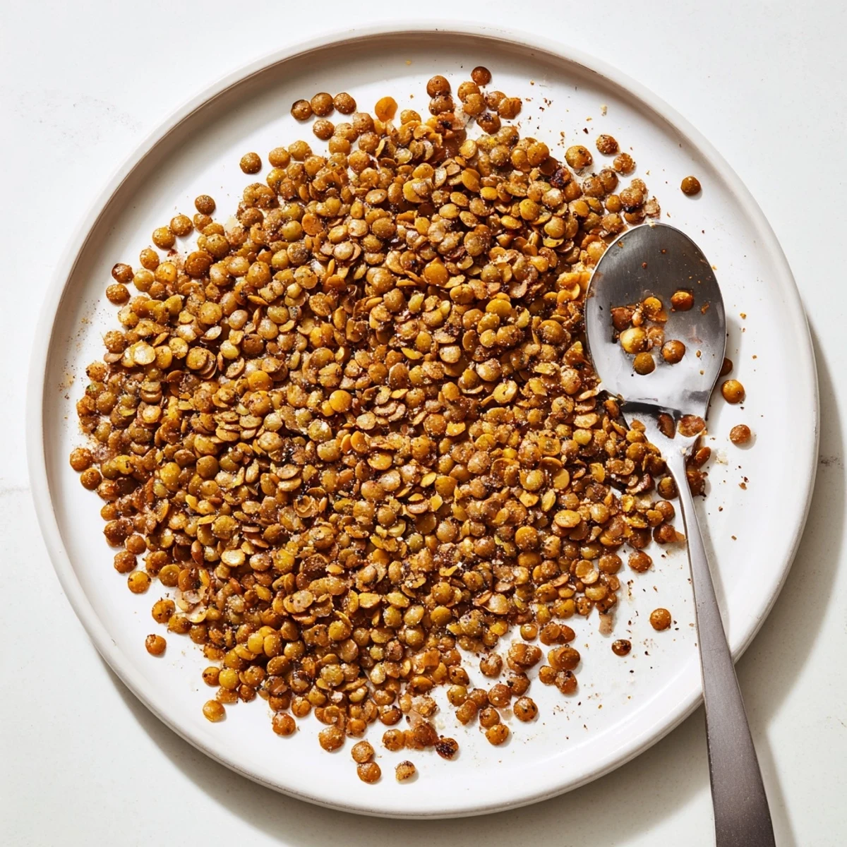 Golden brown crispy roasted lentils sprinkled with smoky paprika seasonings on a white baking sheet