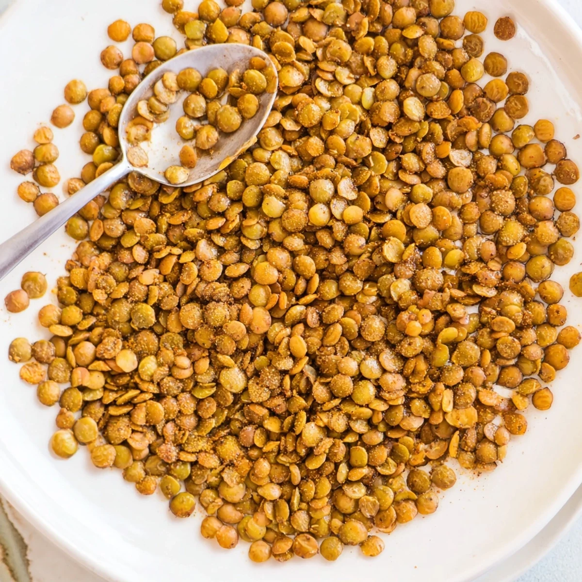 Close up of golden crispy roasted lentils spiced with cumin and garlic for protein rich snacking
