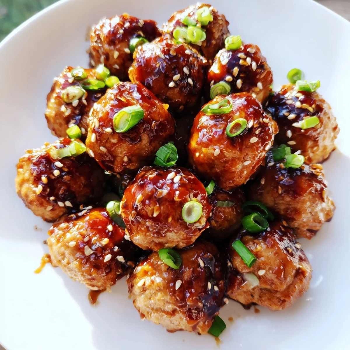 Golden brown Japanese chicken meatballs glazed with shiny teriyaki sauce over white rice
