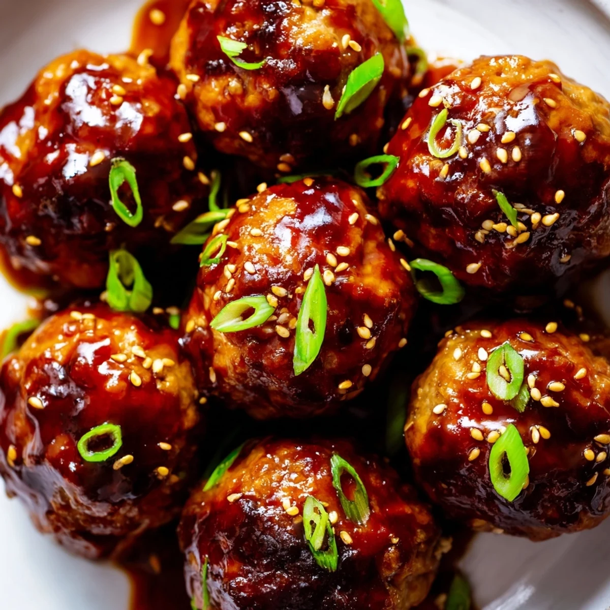 Juicy Japanese chicken meatballs coated in thick sweet teriyaki sauce garnished with green onions