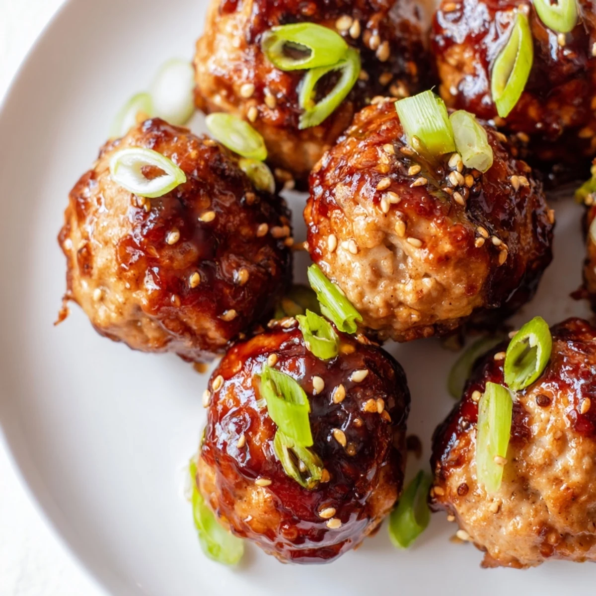 Savory Japanese chicken meatballs glistening with homemade teriyaki sauce served on a white plate