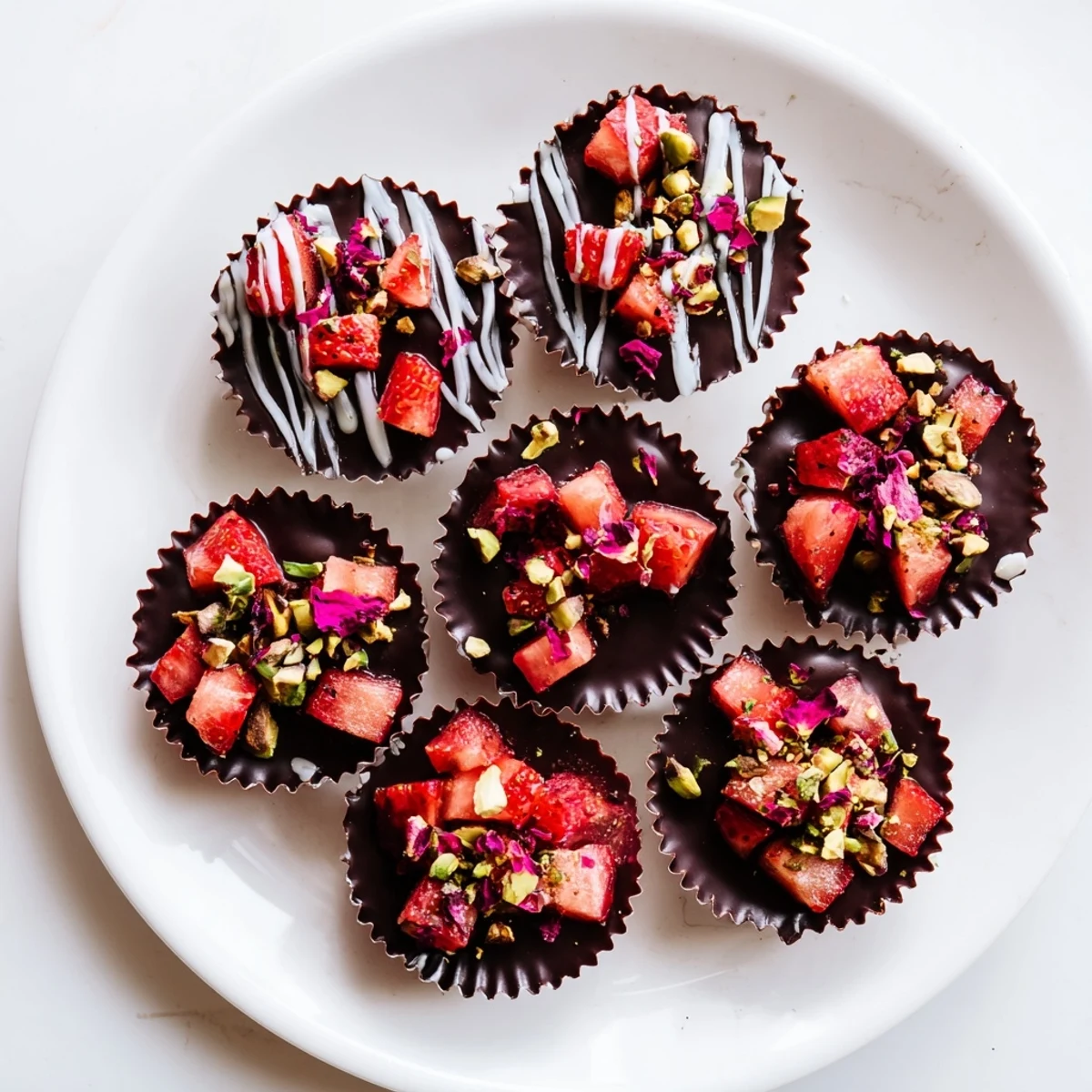 Rich dark chocolate cups filled with sweet fresh strawberries and topped with crushed pistachios