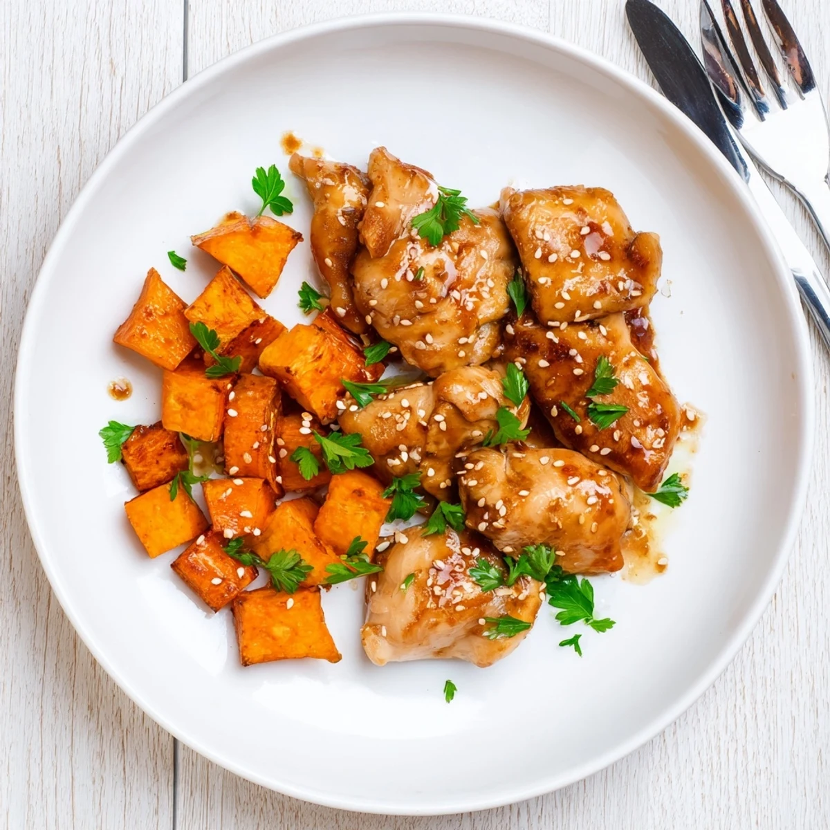 One-pan honey garlic chicken with roasted sweet potatoes garnished with fresh parsley and sesame seeds