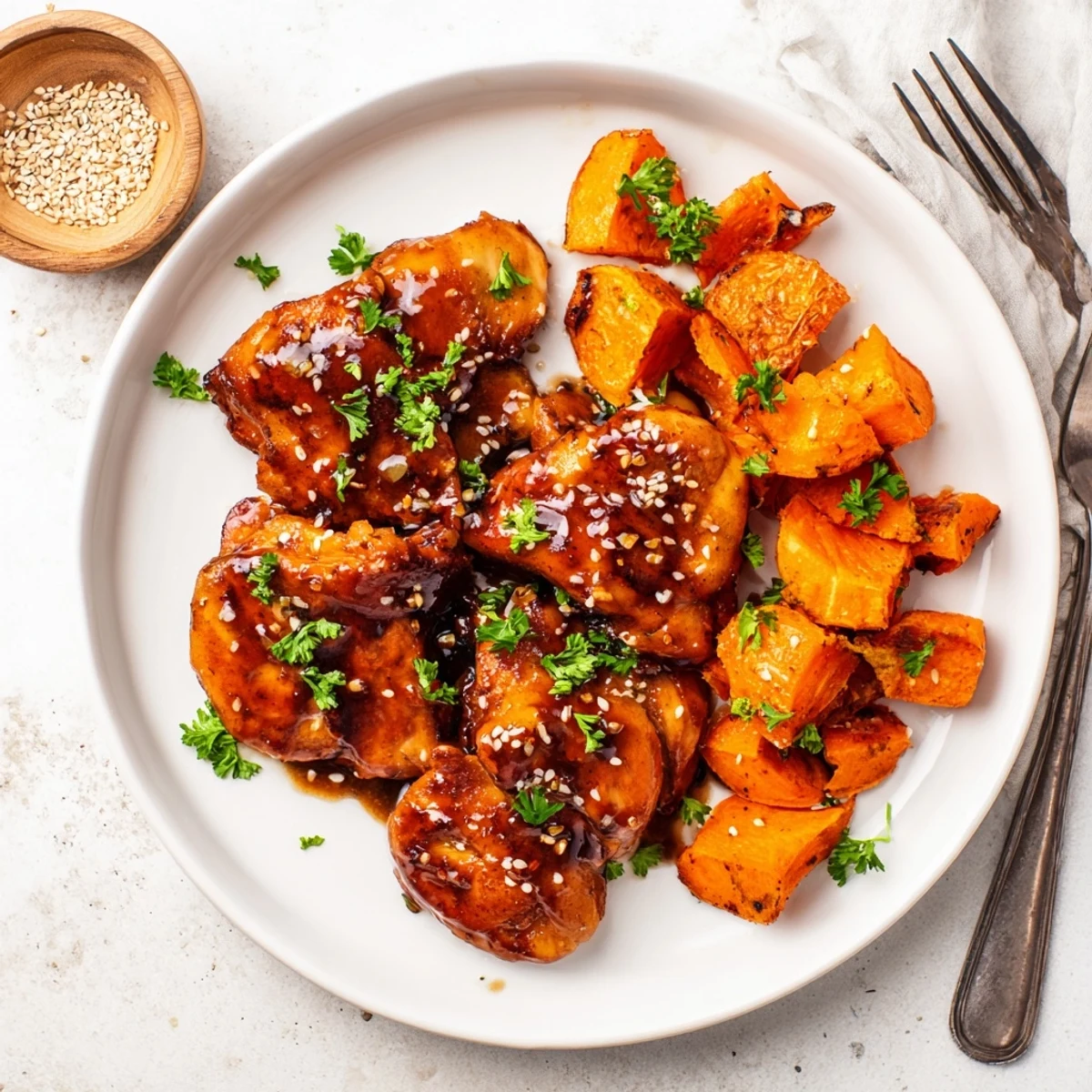 Golden honey garlic chicken thighs glistening with sticky glaze beside caramelized roasted sweet potato cubes