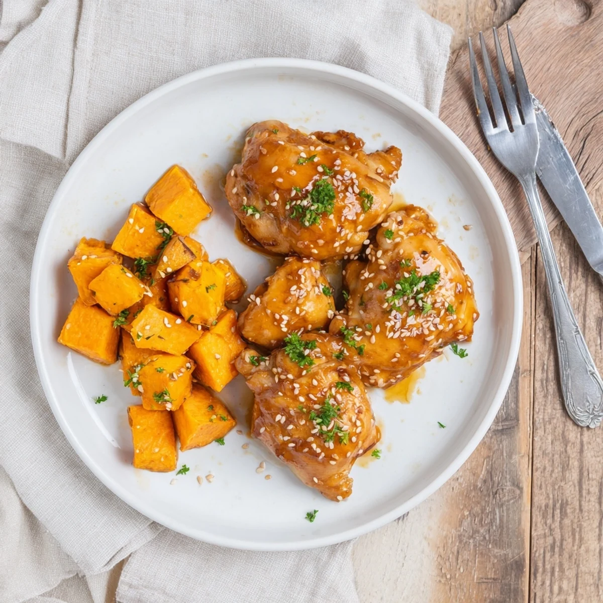 Tender baked chicken coated in sweet honey garlic sauce served with perfectly roasted sweet potatoes