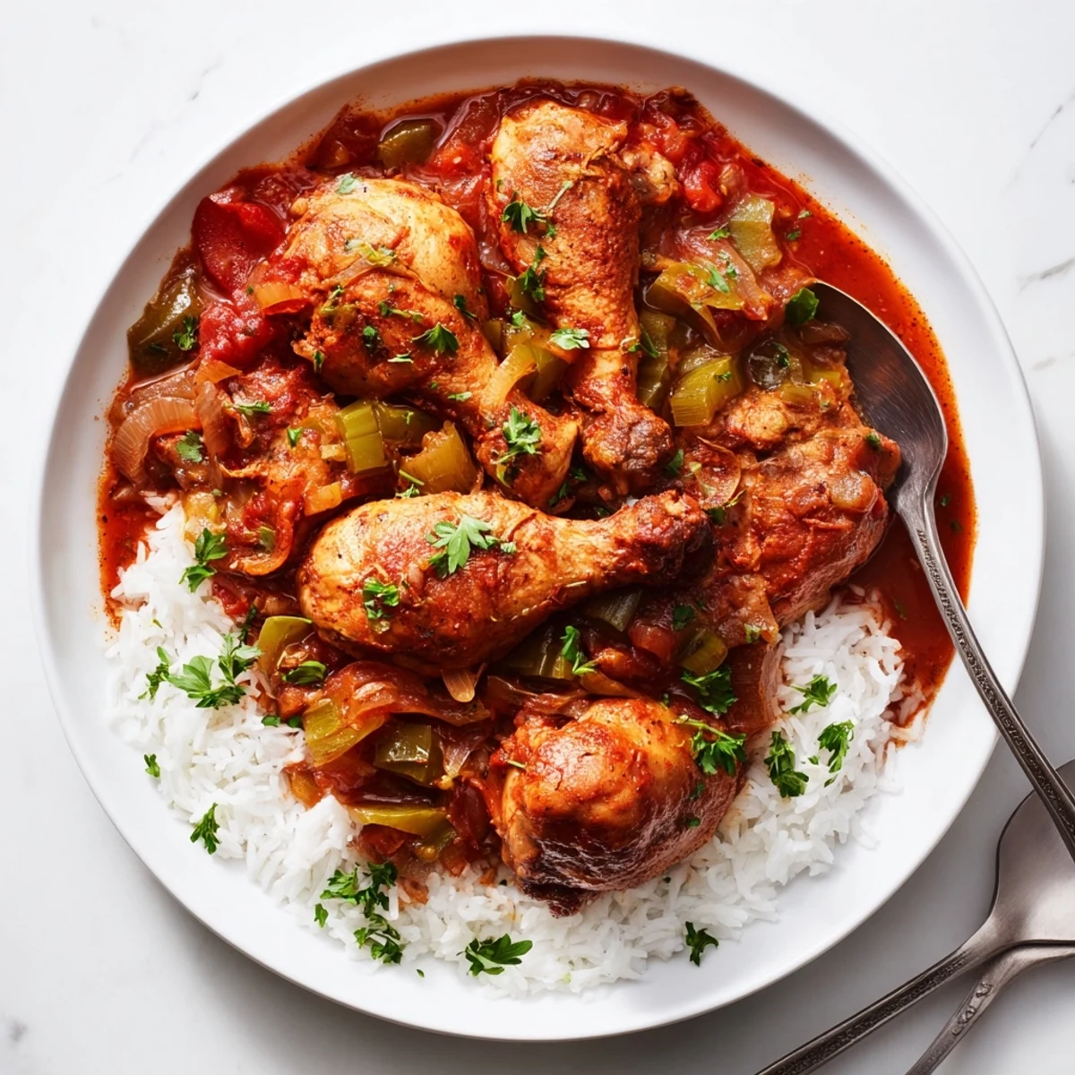 Golden chicken thighs simmered in rich tomato-based Louisiana Creole sauce with vegetables served over fluffy white rice