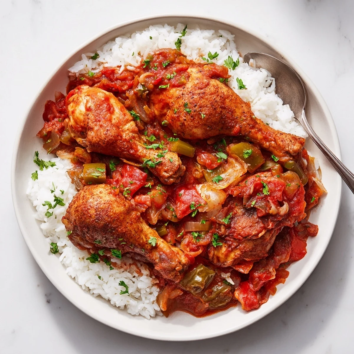 Tender stewed chicken with bell peppers celery and aromatic spices in a savory red sauce over rice
