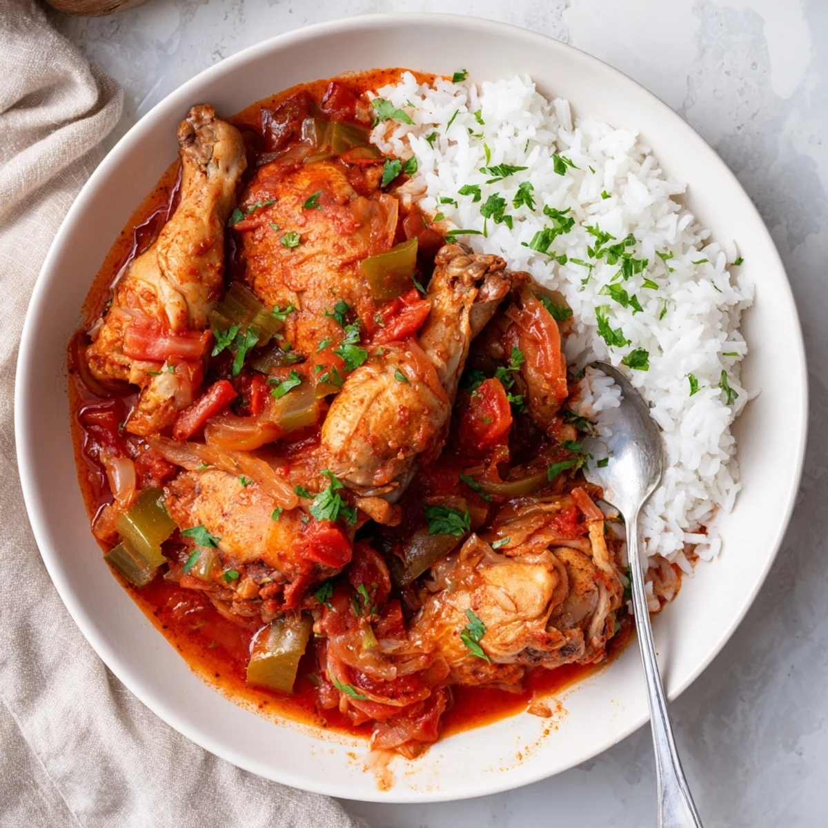 Comforting Southern chicken stew featuring braised meat in Creole-spiced tomato broth garnished with fresh parsley over steamed rice