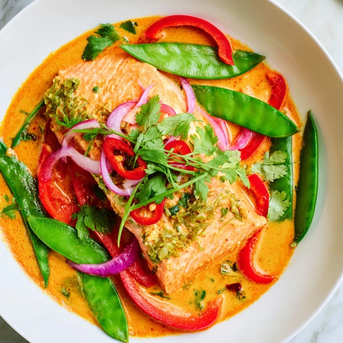 Golden pan-seared salmon fillets simmered in rich red curry coconut sauce with vibrant bell pepper slices