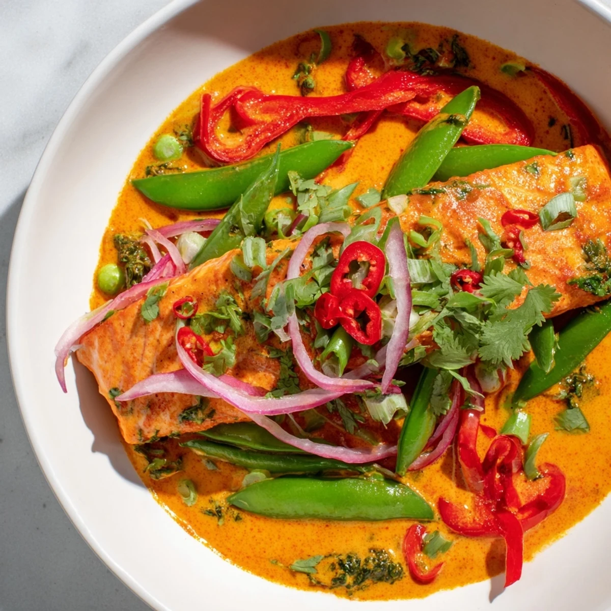 Creamy Thai-style red curry salmon poached in aromatic coconut milk topped with chopped cilantro