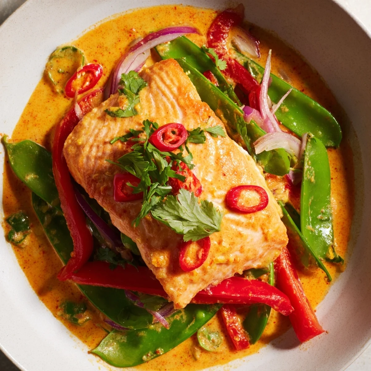 Flaky red curry coconut salmon plated over jasmine rice with fresh coriander and snap peas