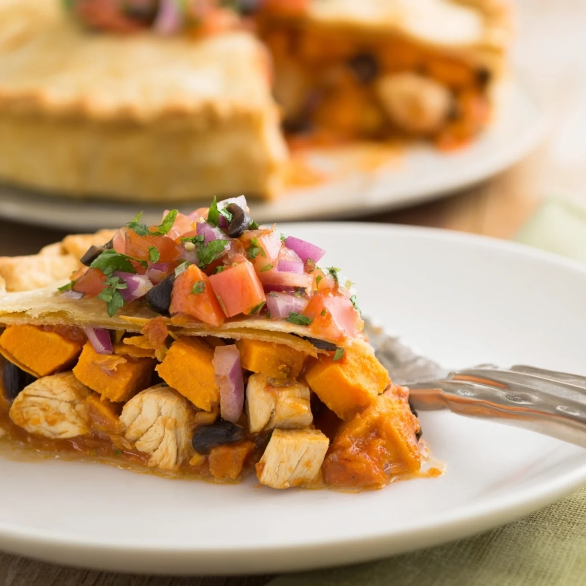 Golden sweet potato and chicken pie with a flaky crust topped with vibrant tomato olive salsa