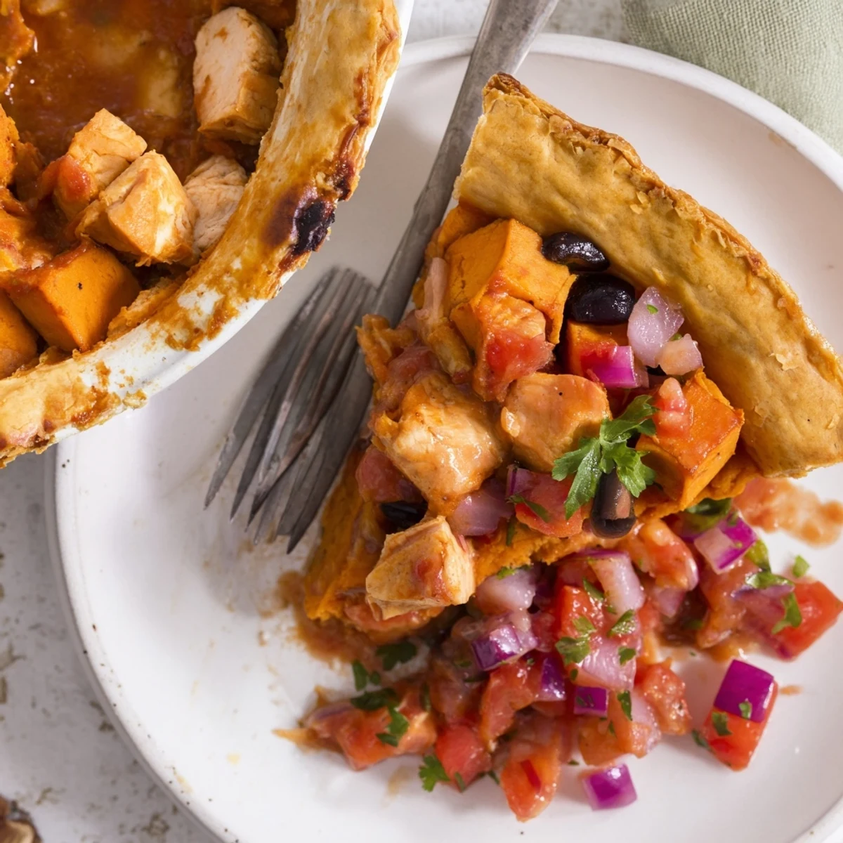 Comforting savory chicken and sweet potato pie sliced to reveal tender filling and Mediterranean-style tomato olive salsa