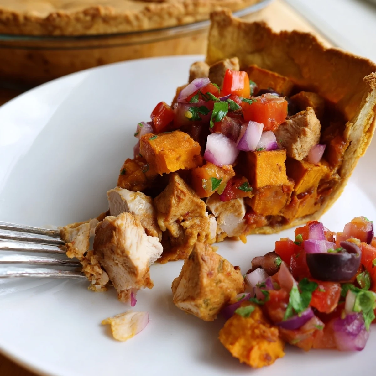 Homemade chicken pie featuring sweet potato crust served alongside fresh tangy tomato and black olive salsa garnish