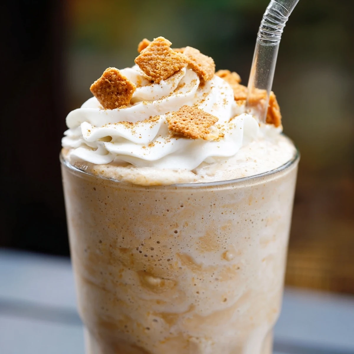Frosty glass of Cinnamon Toast Crunch frappe topped with whipped cream and cereal pieces