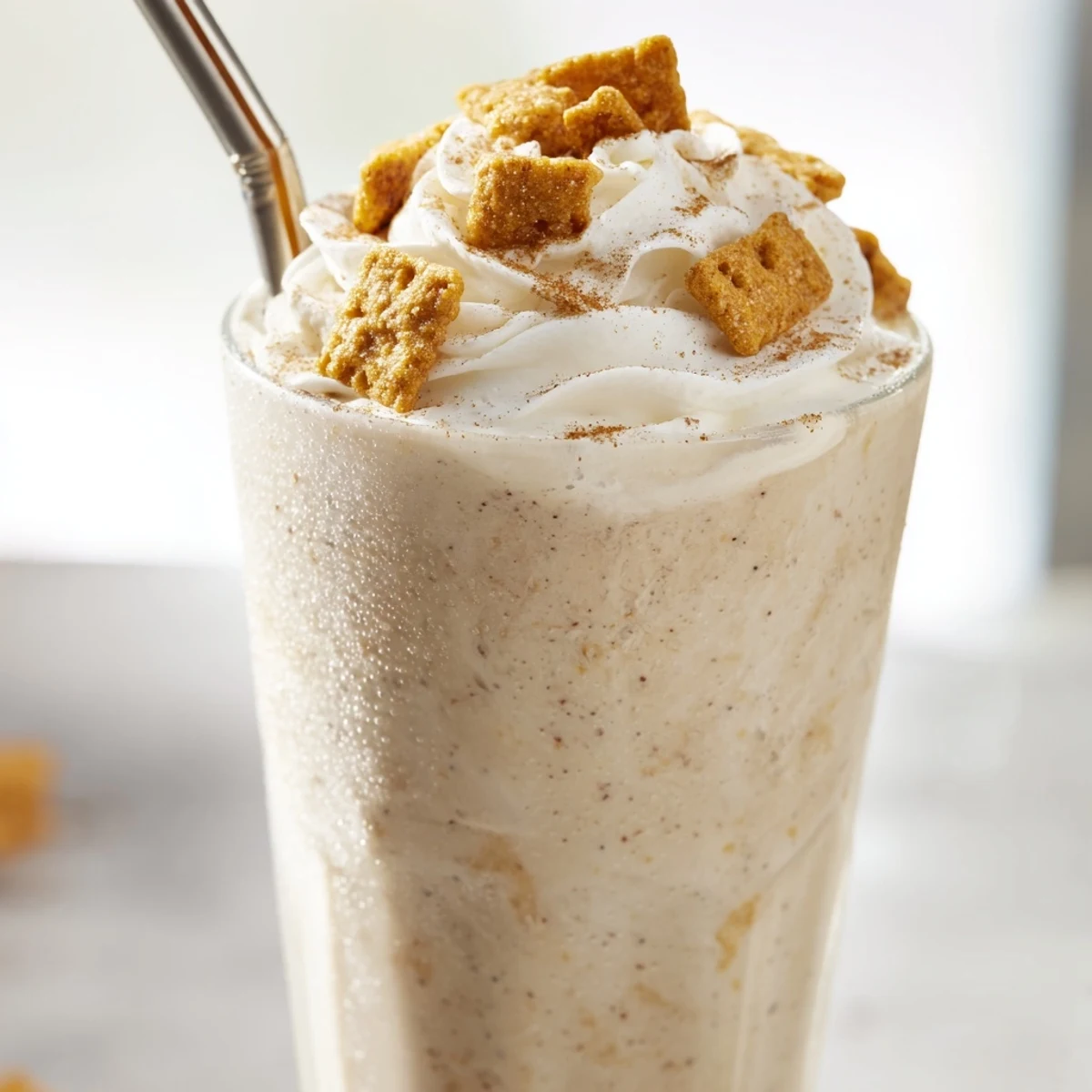 Thick cinnamon-spiced coffee frappe with floating Cinnamon Toast Crunch cereal and swirled whipped topping