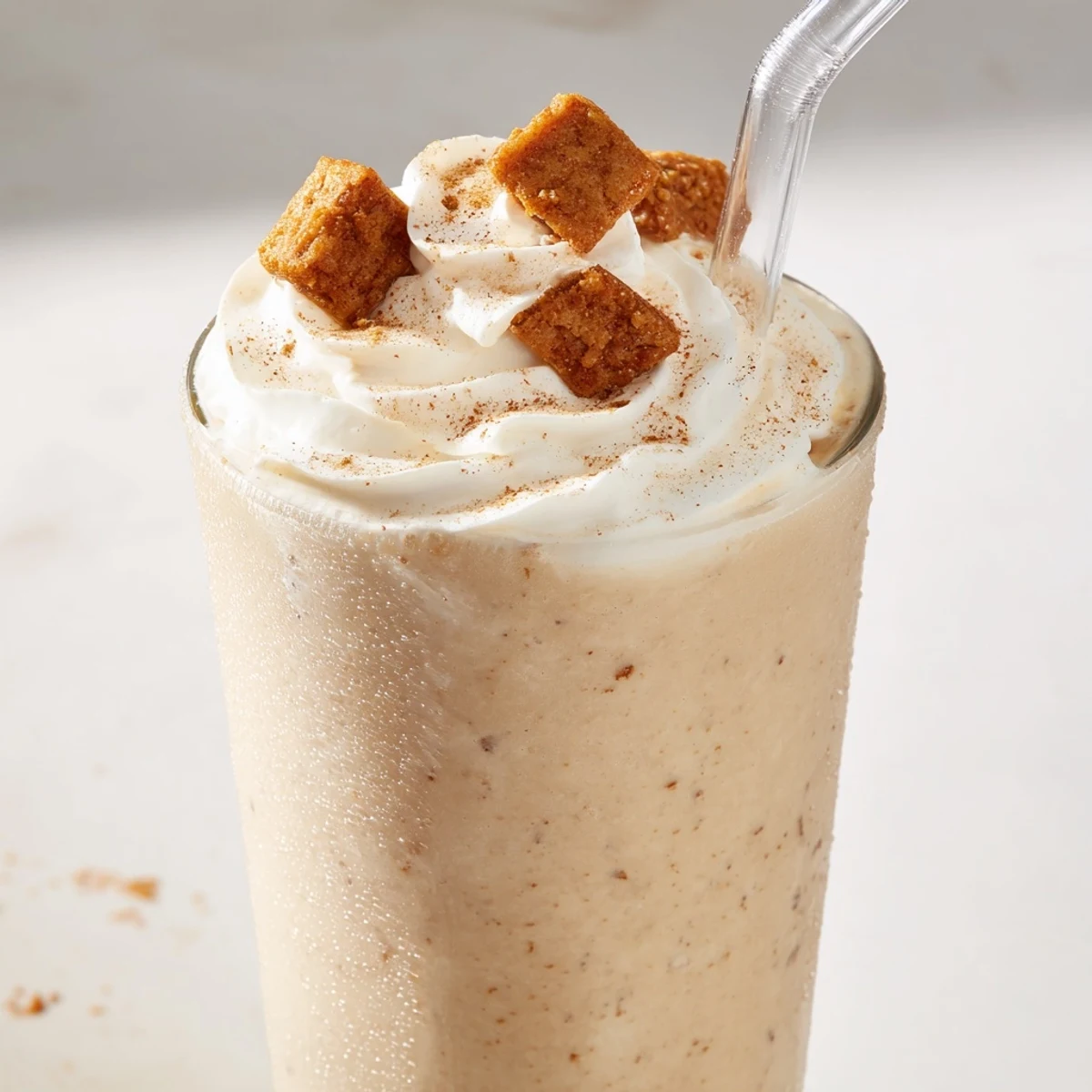 Creamy blended Cinnamon Toast Crunch frappe sprinkled with ground cinnamon and extra cereal garnish