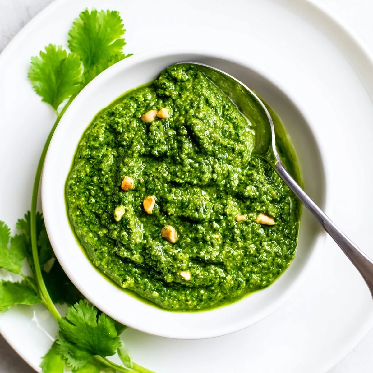 Glossy dark green Thai basil pesto swirled generously over a bowl of steaming rice noodles