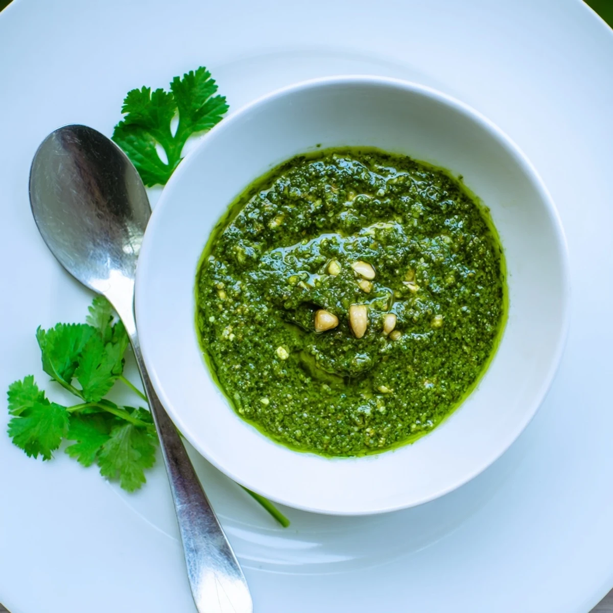 Spoonful of vibrant Thai basil pesto showcasing its thick texture with fresh basil leaf garnish