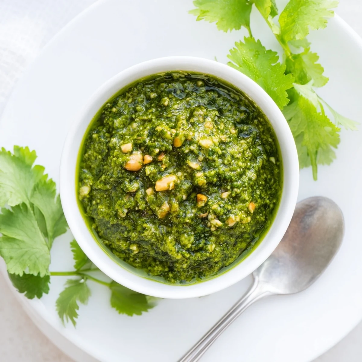 Close up of aromatic Thai basil pesto in a rustic wooden bowl with lime wedge