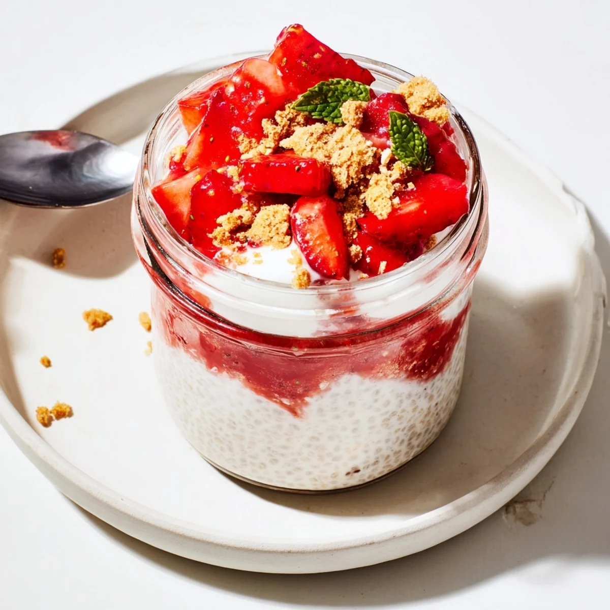 Glass jar displaying layered strawberry cheesecake chia pudding with fresh strawberry slices and graham cracker topping