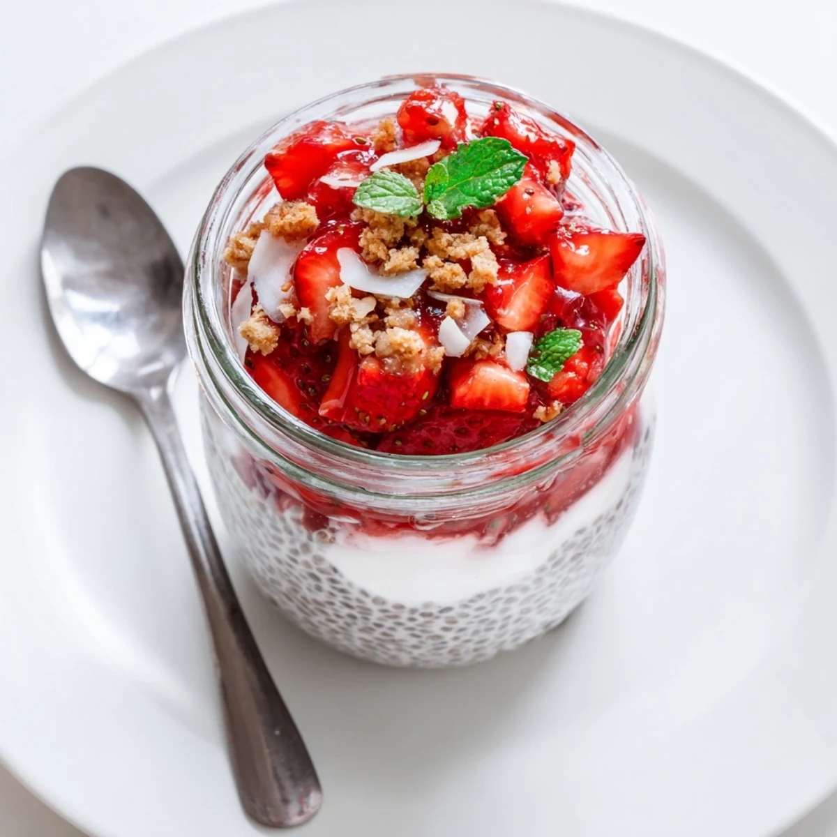 Close-up of chilled strawberry cheesecake chia pudding layers in clear serving glasses with crushed graham crackers