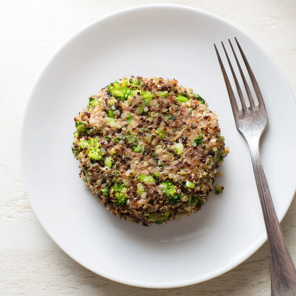 Golden pan-fried turkey broccoli and quinoa burgers served on a white plate with fresh herbs