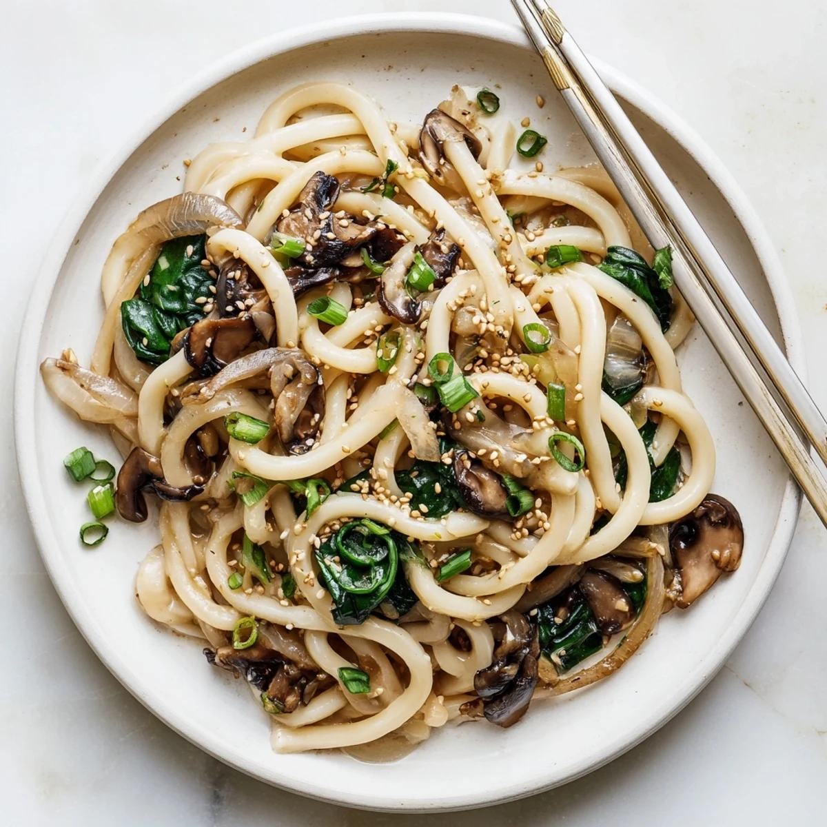 Creamy miso udon noodles coated in rich savory sauce with fresh spinach and mushrooms