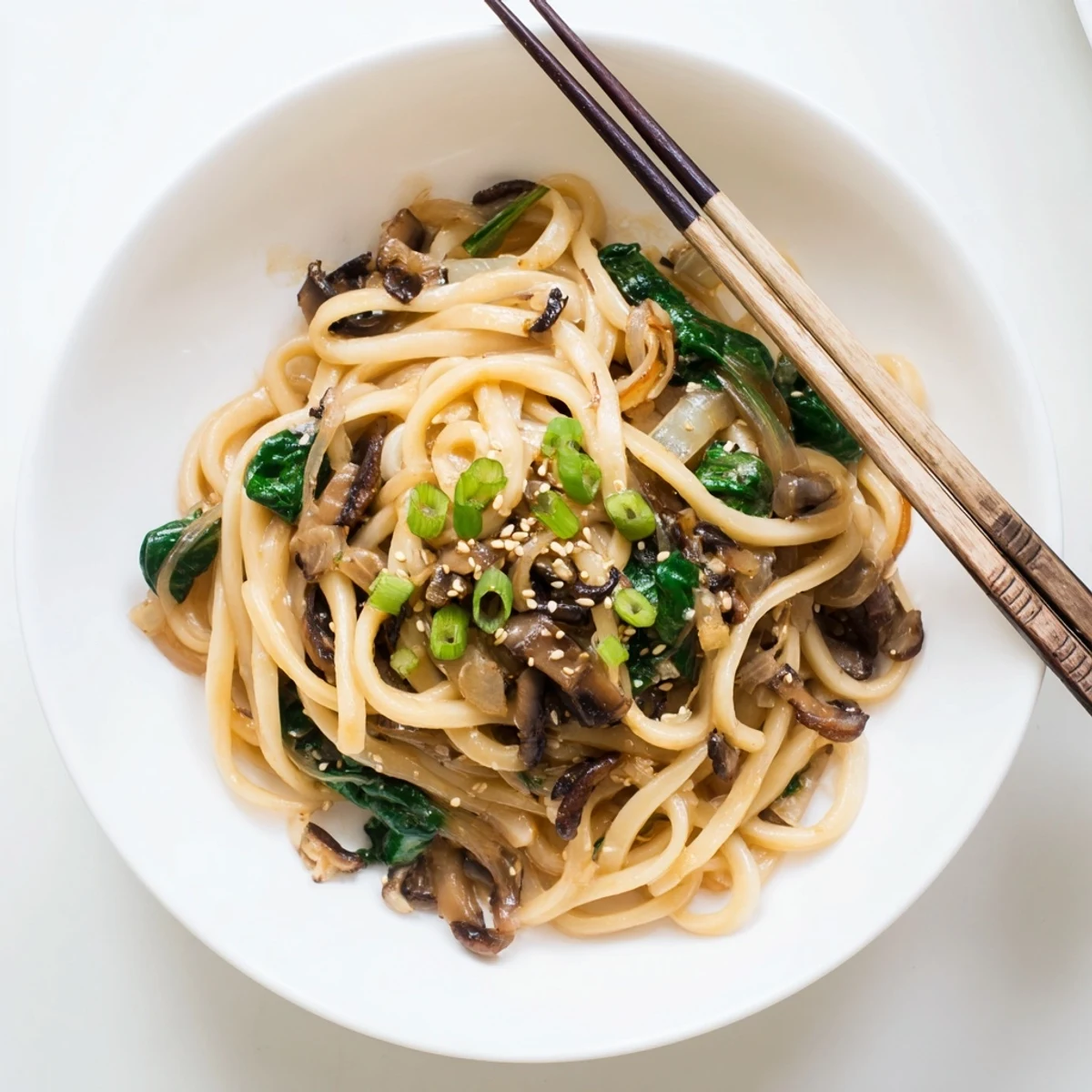 Thick udon noodles swimming in velvety miso cream sauce topped with green onions and sesame seeds