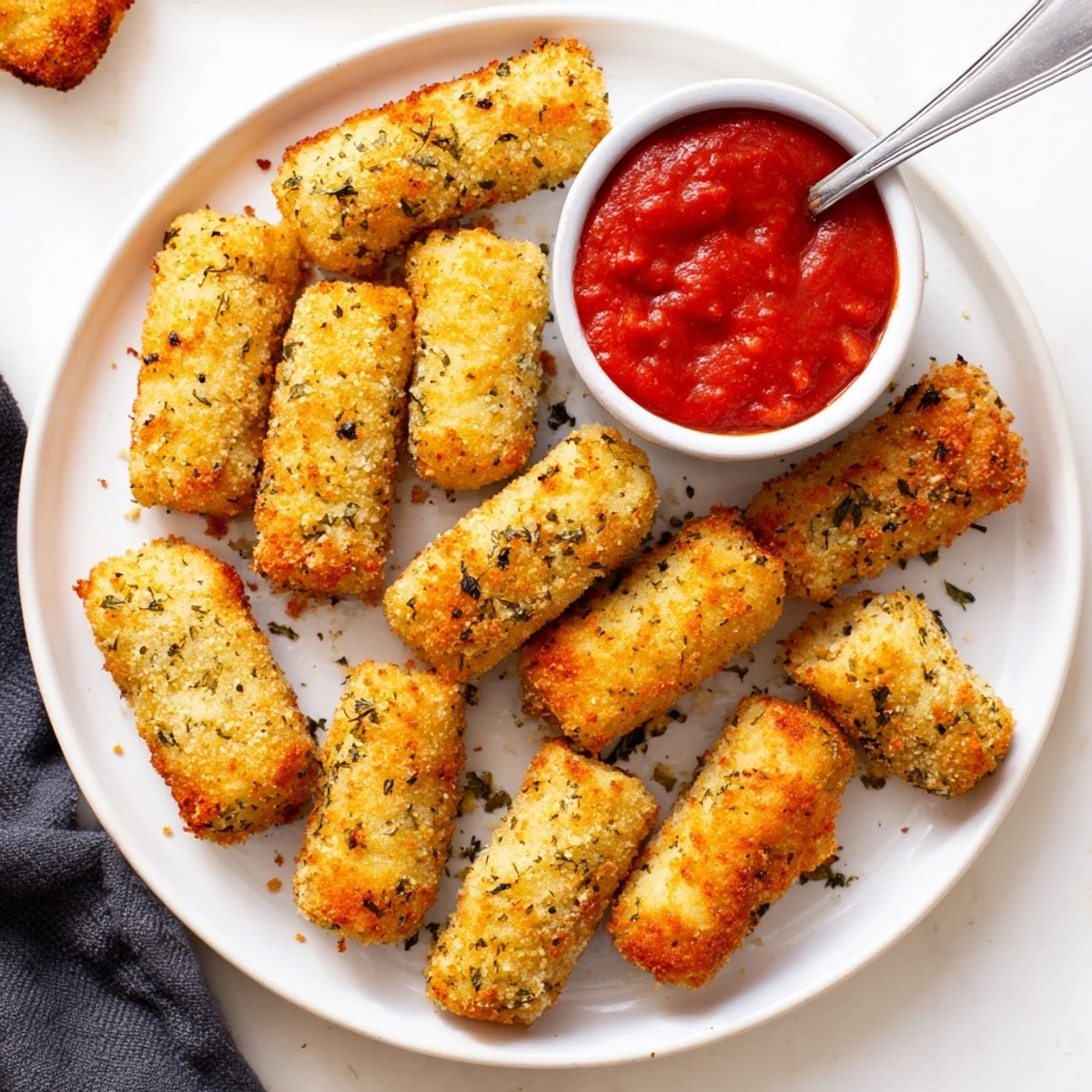 Golden crispy baked mozzarella sticks with melty cheese center served on wire rack