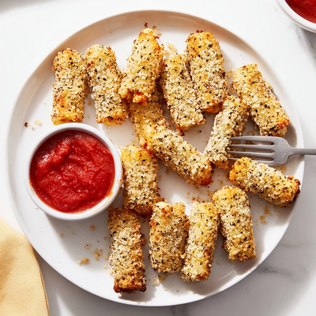 Homemade crispy baked mozzarella sticks arranged on baking sheet with golden breadcrumb coating