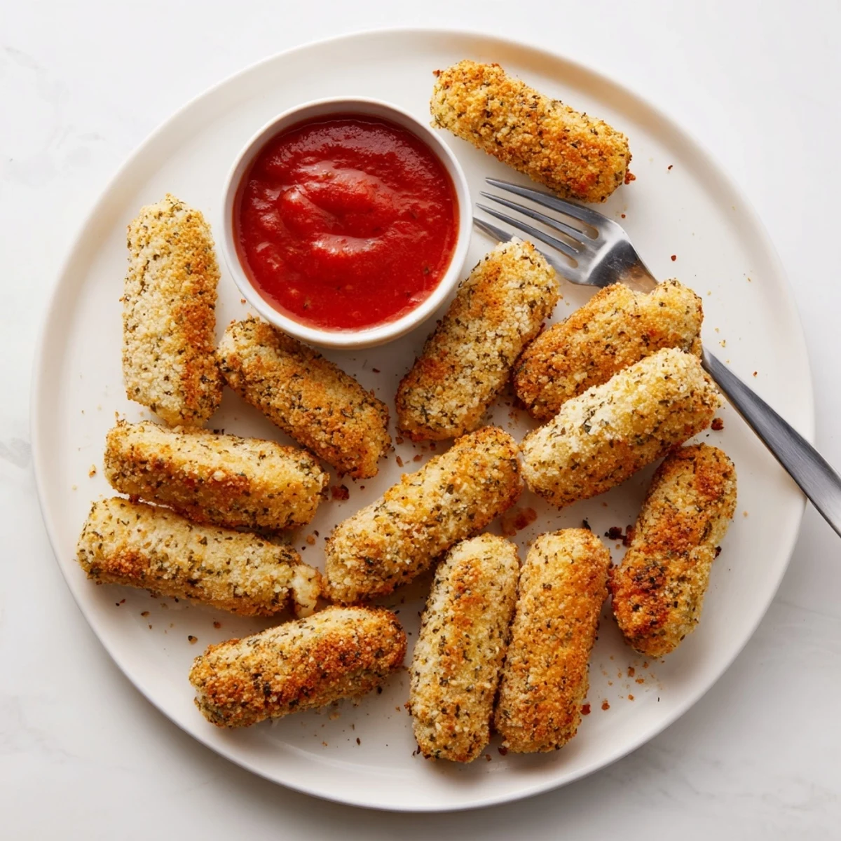 Baked mozzarella sticks with crunchy golden crust ready for dipping in marinara sauce