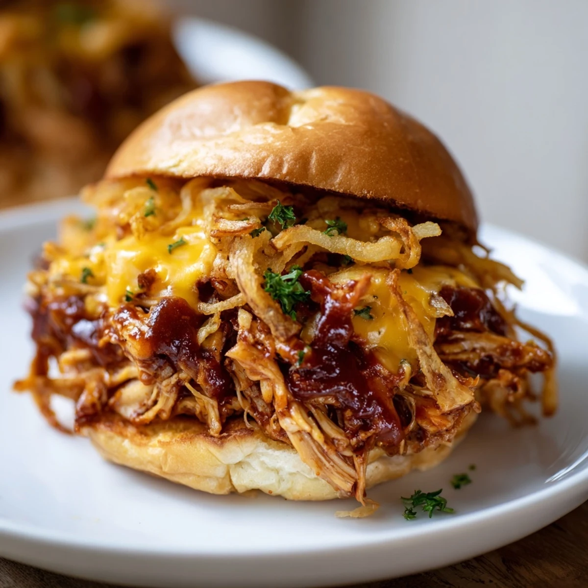 Juicy Mississippi Mud Chicken Sliders topped with melted cheddar cheese and crispy fried onions on buttery toasted buns