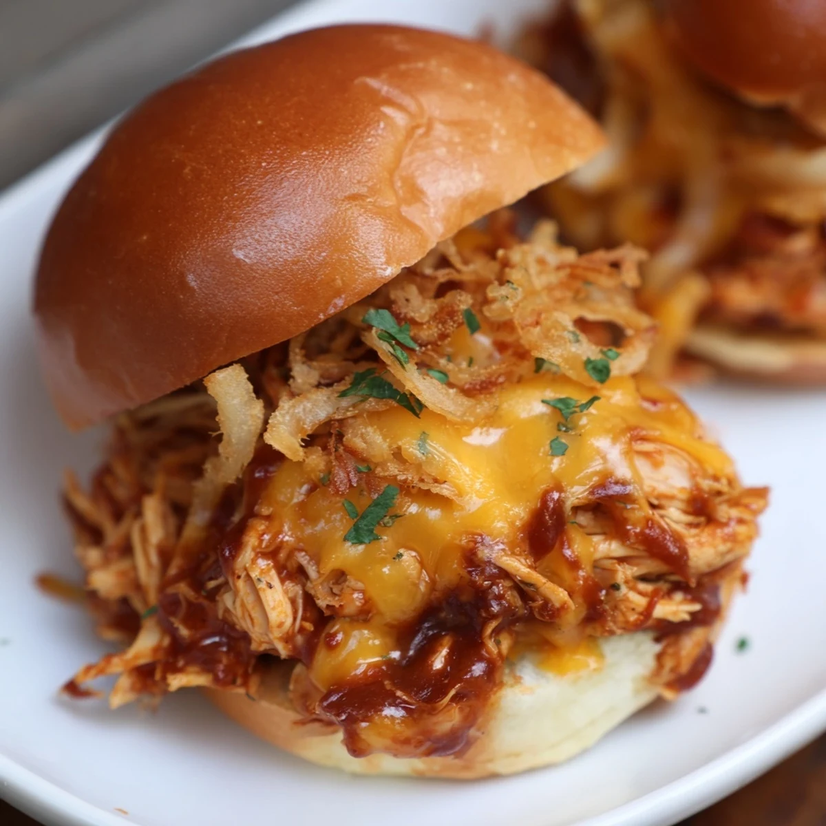 Golden baked Mississippi Mud Chicken Sliders smothered in tangy barbecue sauce with shredded cheese and crunchy onion topping