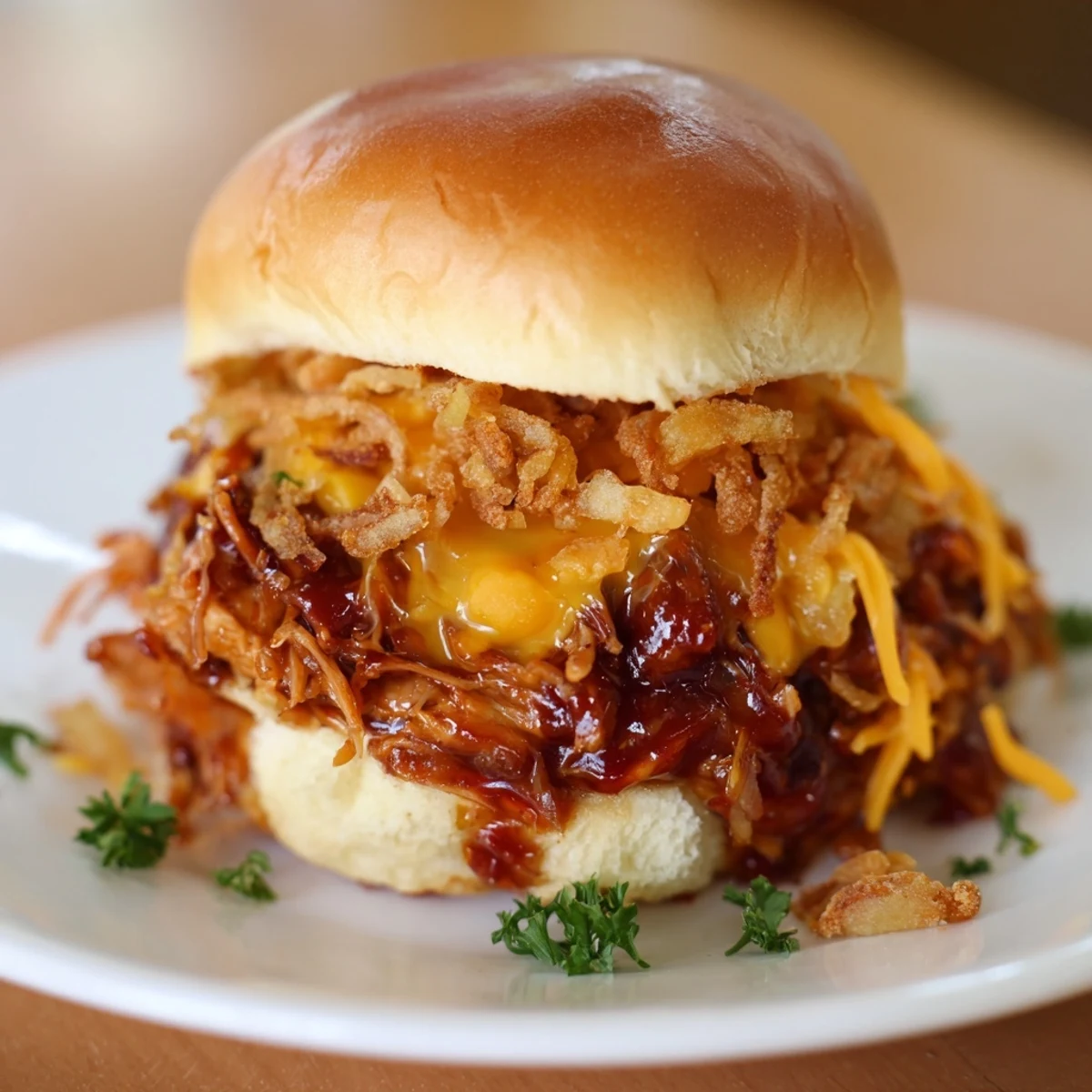 Delicious Mississippi Mud Chicken Sliders featuring saucy shredded chicken sandwiches layered with cheese and crispy onions on soft slider buns