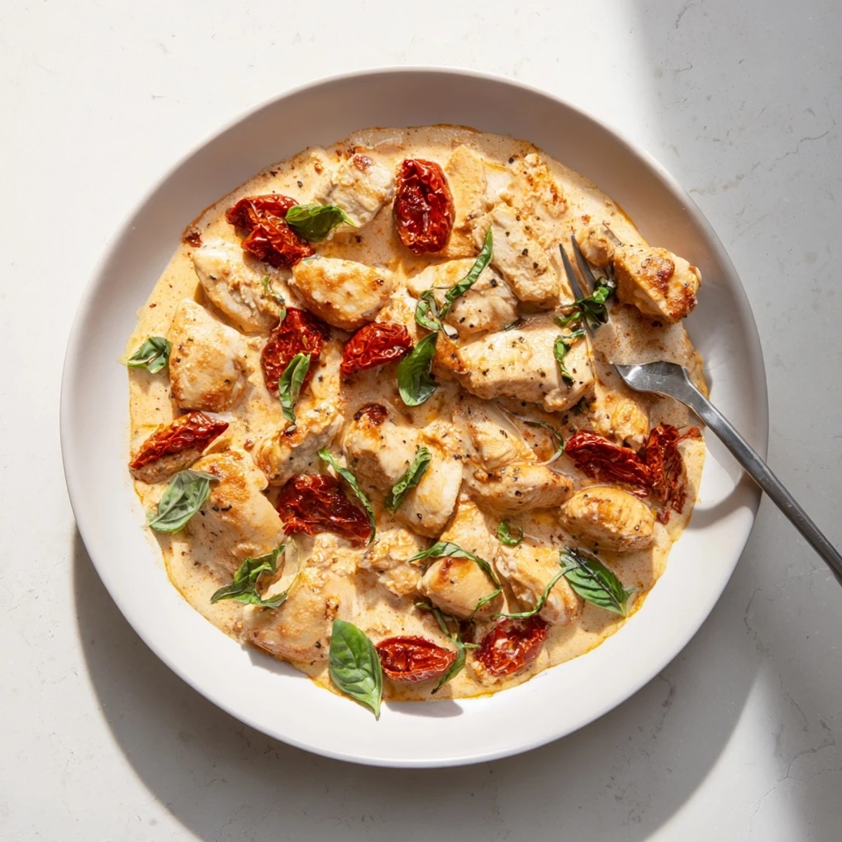 High Protein Marry Me Chicken featuring juicy seared chicken swimming in rich orange-hued cheesy sauce