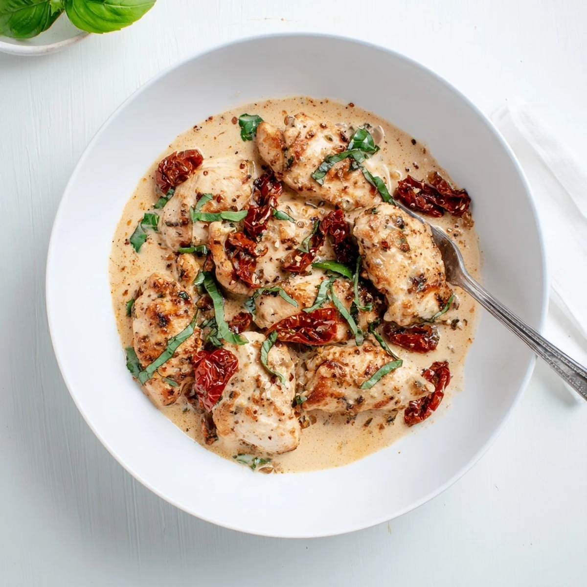 Golden brown chicken breasts nestled in creamy sun-dried tomato parmesan sauce with fresh basil garnish