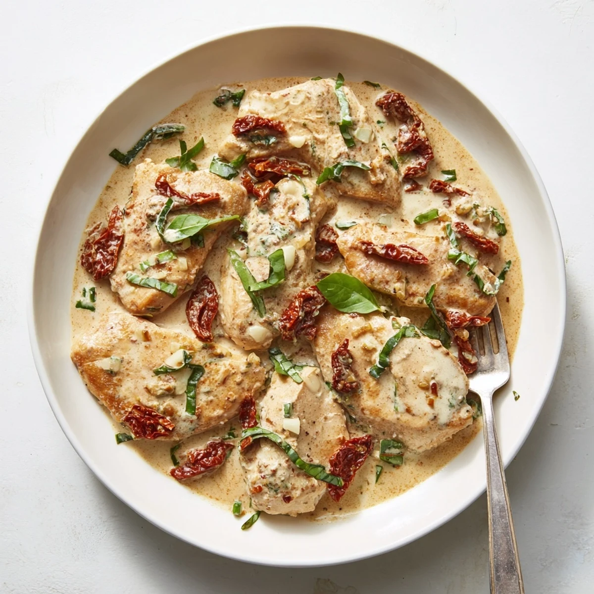 Creamy skillet chicken with sun-dried tomatoes and parmesan sauce served piping hot with basil sprinkles