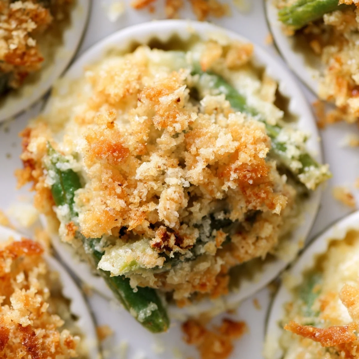 Golden brown Garlic Parmesan Green Bean Casserole Cups with crispy panko topping ready for serving