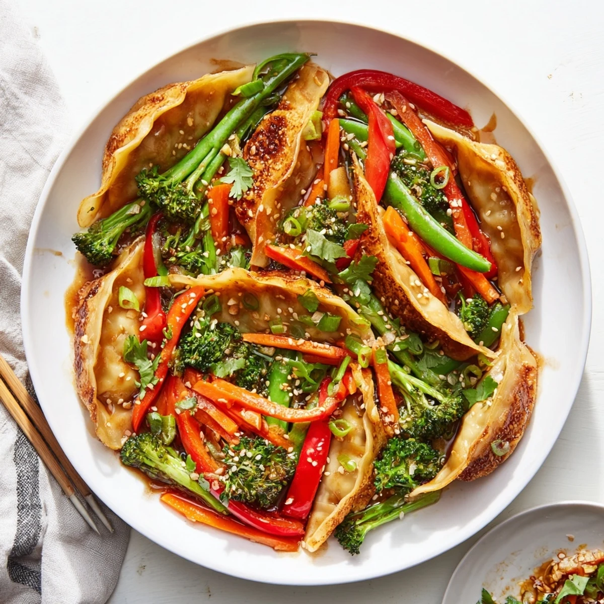 Golden pan-fried dumplings stir-fried with crisp broccoli and colorful bell peppers in glossy garlic sauce