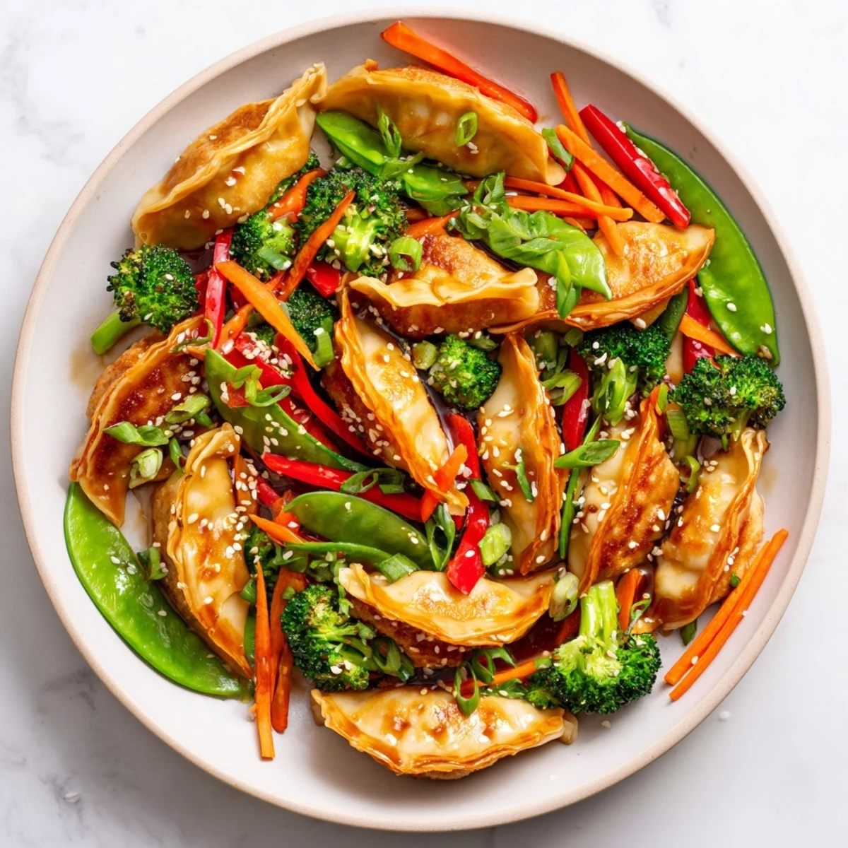 Steamy skillet of Asian-inspired dumpling stir fry with vibrant vegetables coated in rich garlic sauce